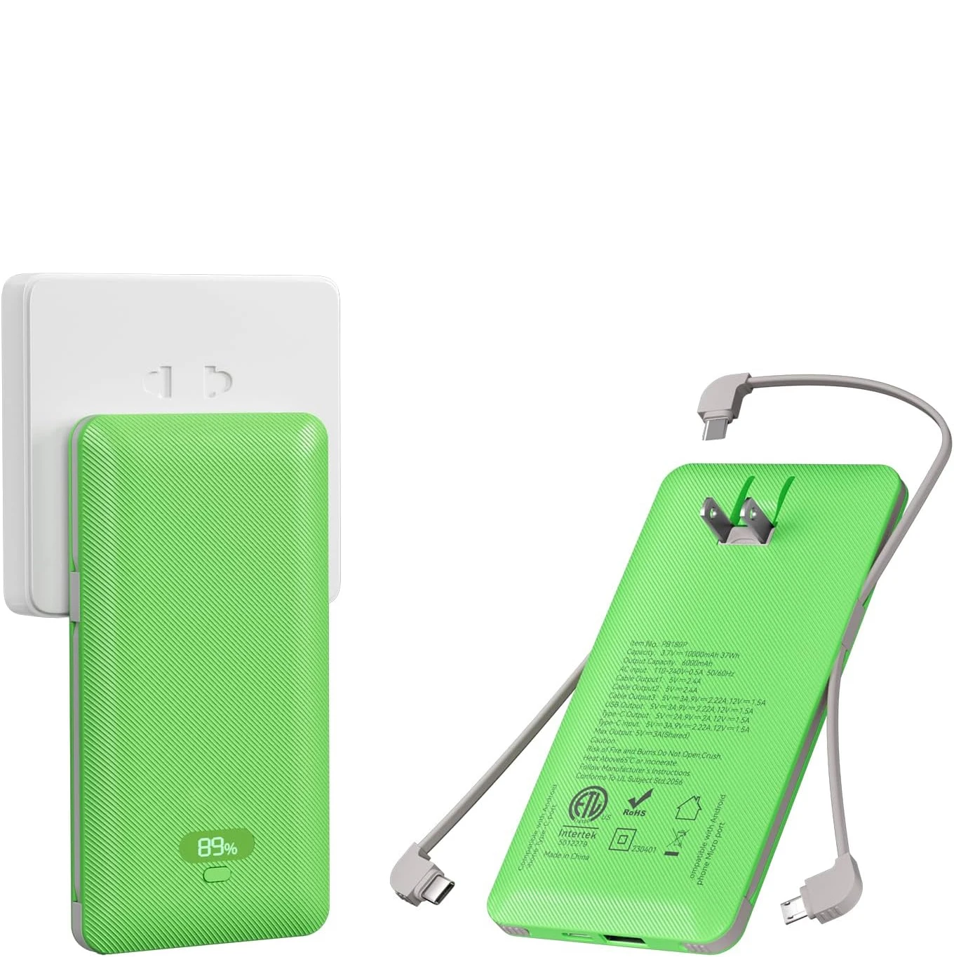 CCC Certified Power Bank 10000mAh Built-in 3 Cables, PD20W Multi-Port Portable Charger with AC Plug Digital Display PB180P