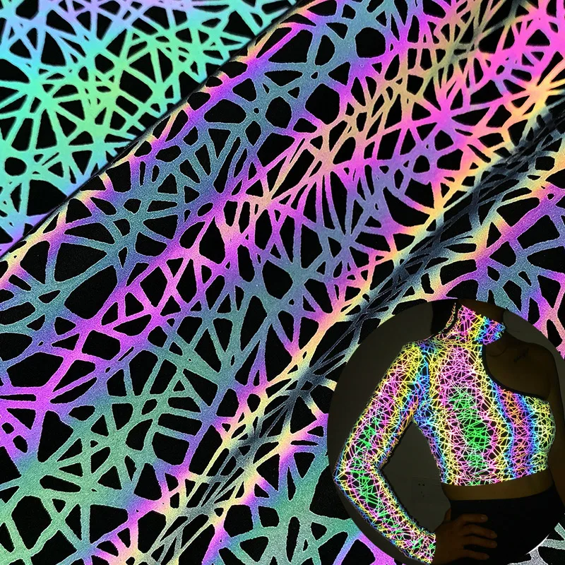 Custom Printing Iridescent  Polyester Spandex Rainbow Reflective Fabric for Fashion Clothes Jacket Material