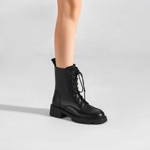 Moncheer Women's Black Lace-Up Chelsea Ankle Boots Retro Western Style Mid-Heel Side Zipper Summer Fall Winter