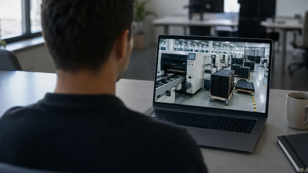 Buyer auditing an LED dance floor manufacturer's production line during a video factory tour