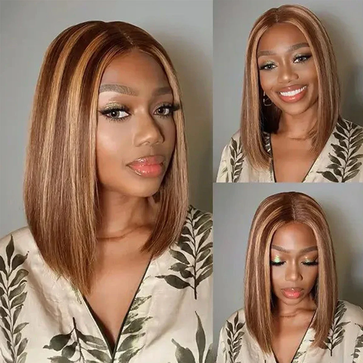 Bob Wig Echthaar T-part Lace Front Perücke Glatt Braun Remy_voghion.com