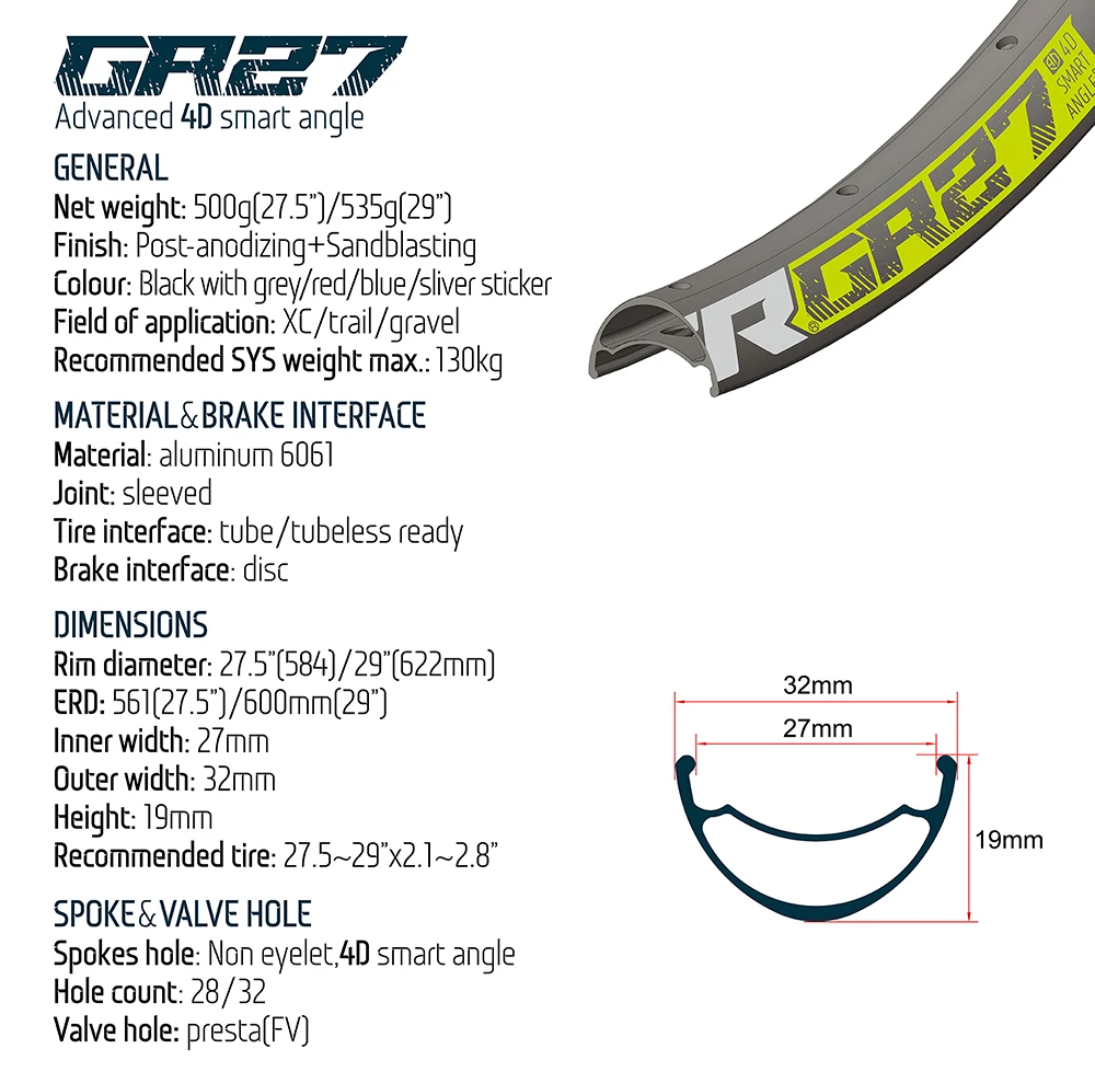 Koozer GR27 4D Smart Drilling Gravel MTB Bicycle Rim 27.5 29 700c Tubeless Ready 28 32 Holes Inner 27mm Custom Wheel Bike Parts