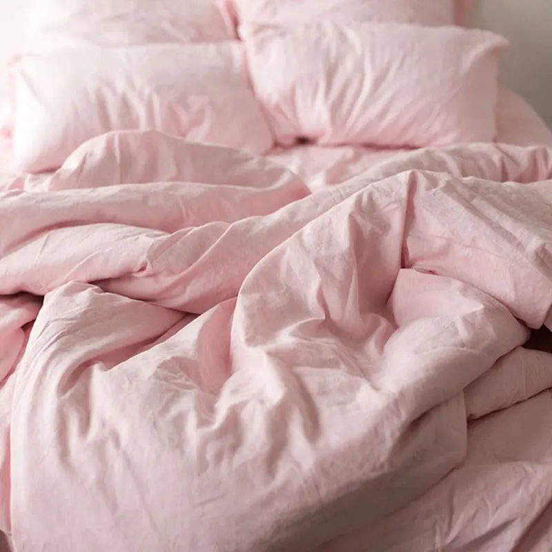 INS Romantic Cherry Pink Color Soft 100% Pure Flax Linen Bedding Set 4 Pcs 2 Pillowcases 1 Fitted Sheet 1 Duvet Cover