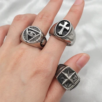 Custom Fashion China Factory Manufacture Star Eyes Cross Finger Ring Jewelry No Tarnish Stainless Steel black ring for Men