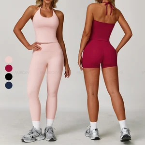 Women's Custom Logo Breathable Activewear Sports Set Halter Neck Yoga Top & 2 Piece Short Casual Gym Fitness Design