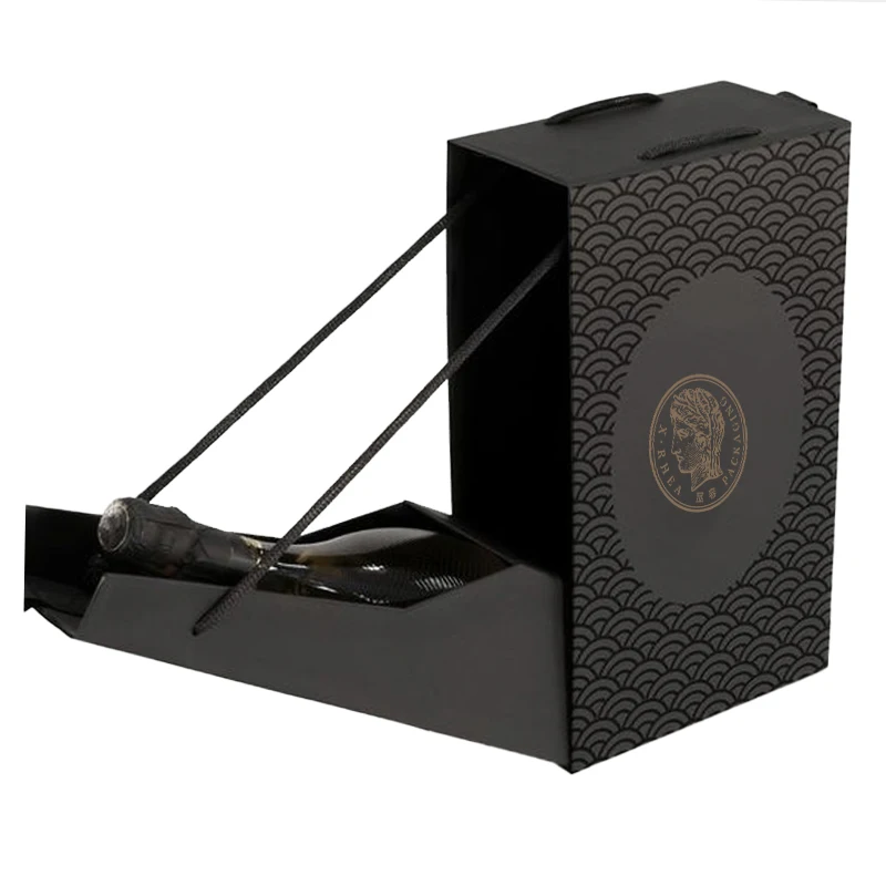 Handmade-Made Leather Paper double side open Champagne Wine Folding Box Matt Lamination and UV Coating for Wine Packaging