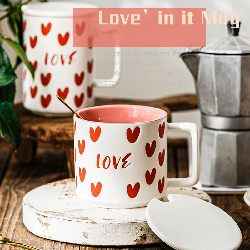 Wholesale Heart pattern mugs 480ml ceramic coffee milk cup with golden spoon and lid