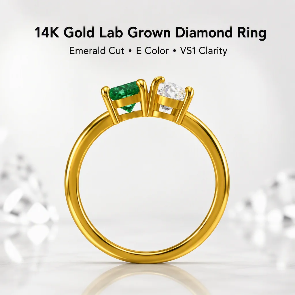 14K Gold Lab Grown Diamond Ring Emerald Cut Pear Round Lab Created Diamond Engagement Ring Lab Diamond Rings for Women