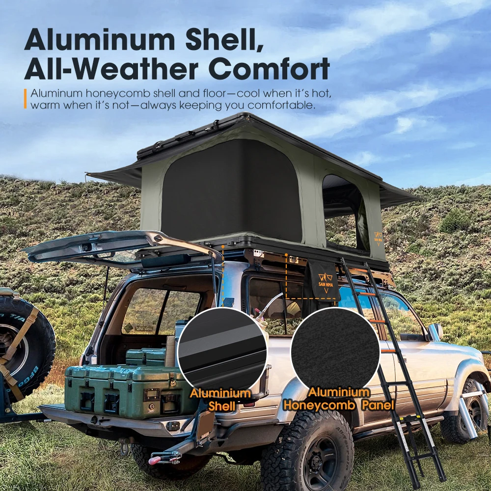 SAN HIMA Quick Setup Waterproof Camping Tent Aluminum Hardshell Car Rooftop Tent Premium Hard Shell Roof Top Tent for Adventure