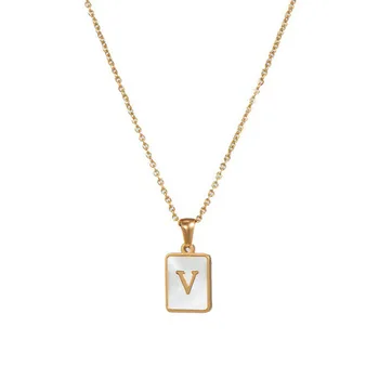 NUORO Simple And Fashionable 18K Gold 26 English A-Z Initial White Rectangular Shell Party Letter Stainless Steel Necklace