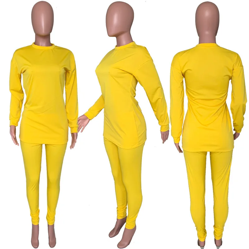 Женский однотонный комплект из двух предметов, Топ с длинным рукавом и круглым вырезом, леггинсы, осень 2021
