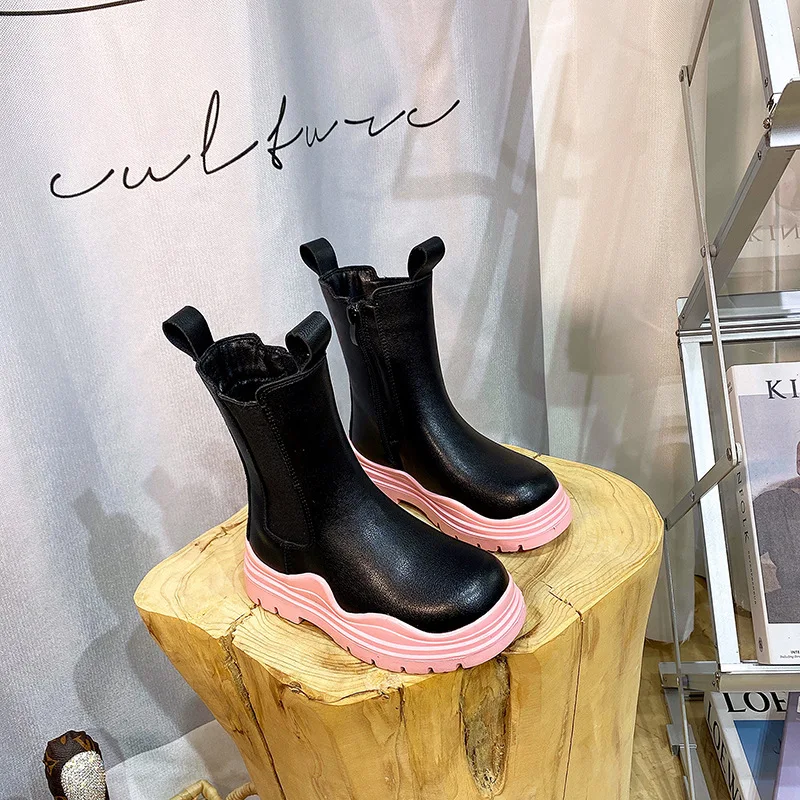 Новинка Осень/Зима 2021, детские модные ботинки, Корейская версия ботинок с молнией сбоку, модные зимние ботинки с высоким вырезом