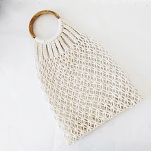 Hollowed-out bamboo handle net Cotton thread fishing net braided beach bag straw bag