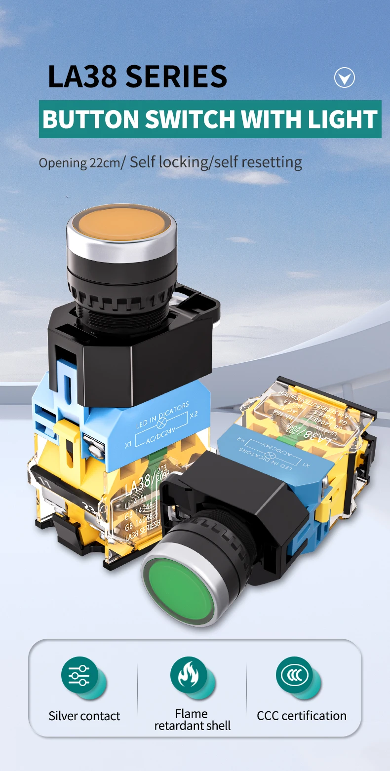 LA38-11D Self-Locking Self-Resetting 22MM Brass Mechanical Momentary Button Switch 10A Max. Current 1NO1NC Screw Terminal