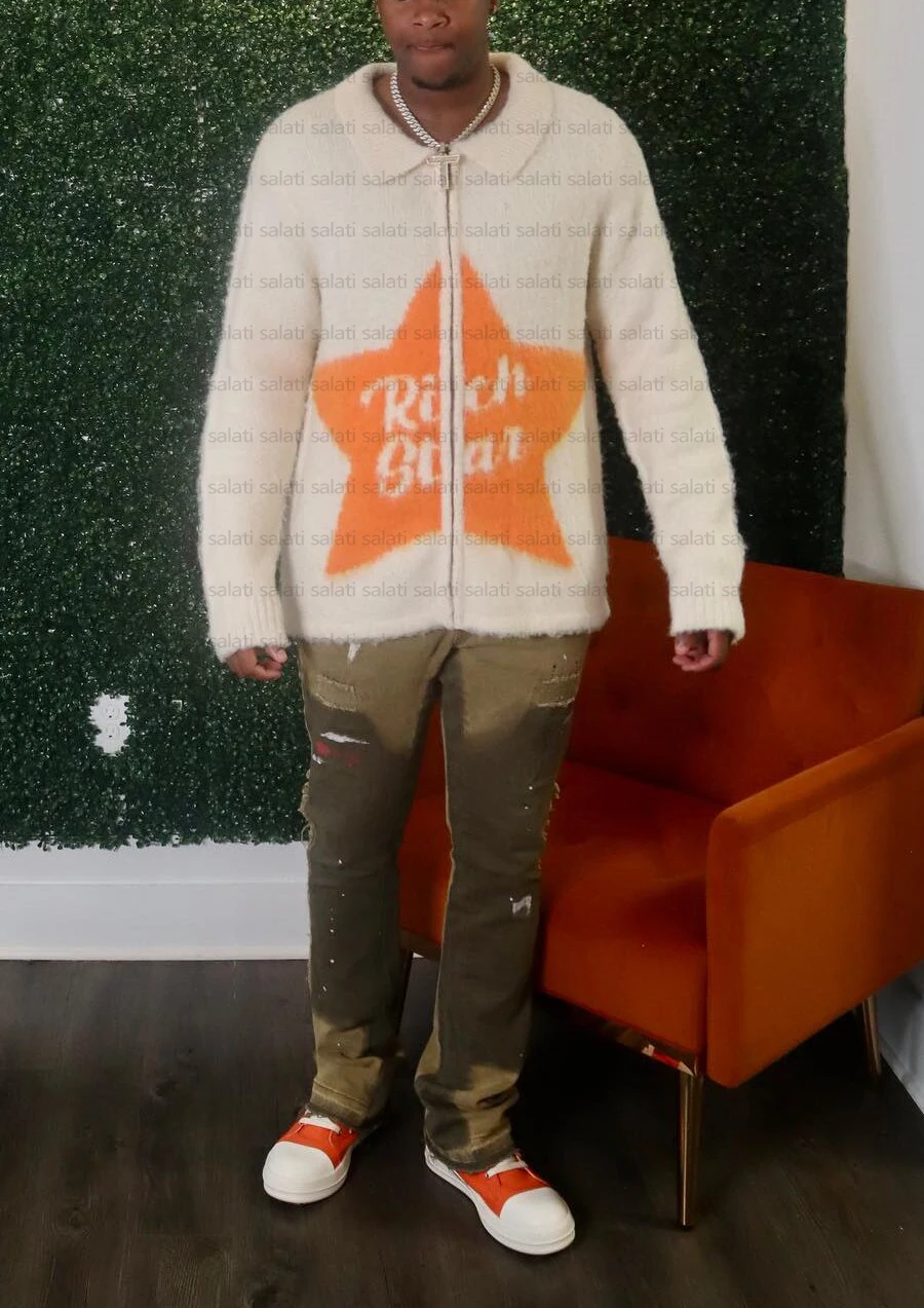 Custom High Quality Winter Zip up Mohair Jacket Oversized Fluffy Screen Print Jacquard Wool Knitted Fuzzy Mohair Sweater Men gallery 4