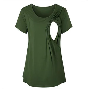 New Style Round-neck Plain-color Side-opening Short-sleeved Maternity Top with Pure Cotton Fabric for Breastfeeding Mothers.