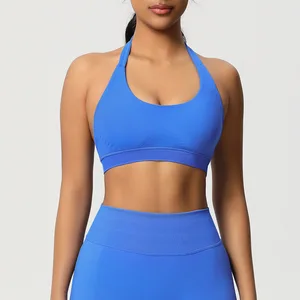 Solid Color Seamless Knitted Yoga Top Hanging Neck Beauty Back Sports Bra Shockproof Push-Up Breathable Fitness Clothing
