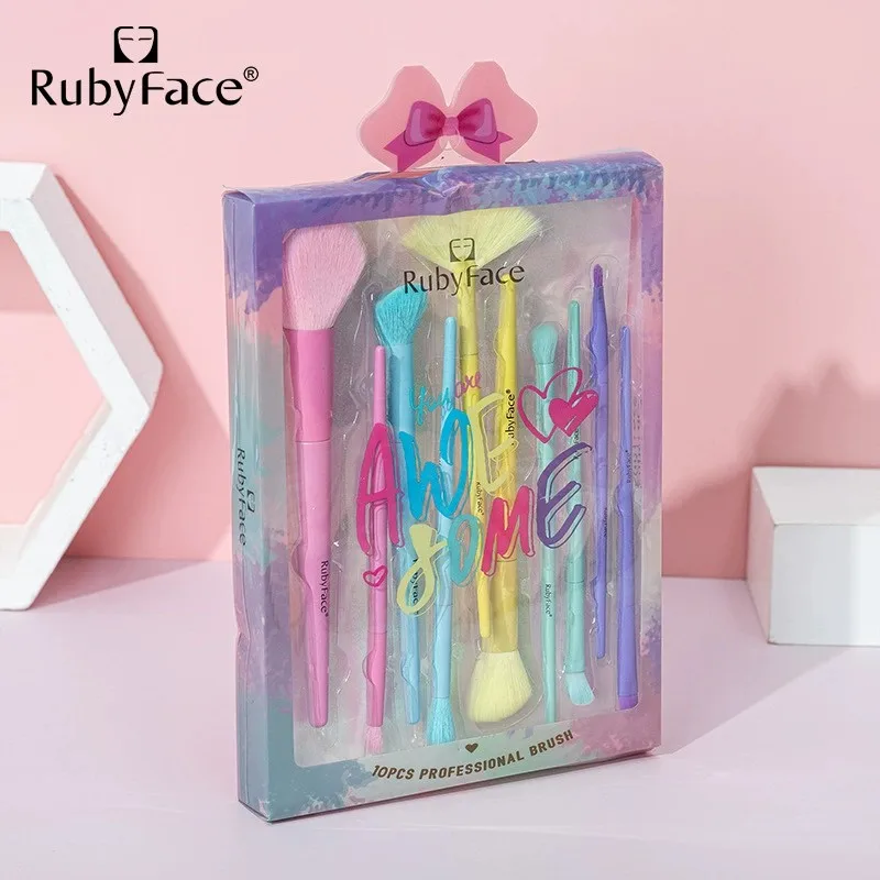 With Factory Price RubyFace Macaron Color Professional Private Label Cosmetic 10pcs Rainbow Makeup Brush Set