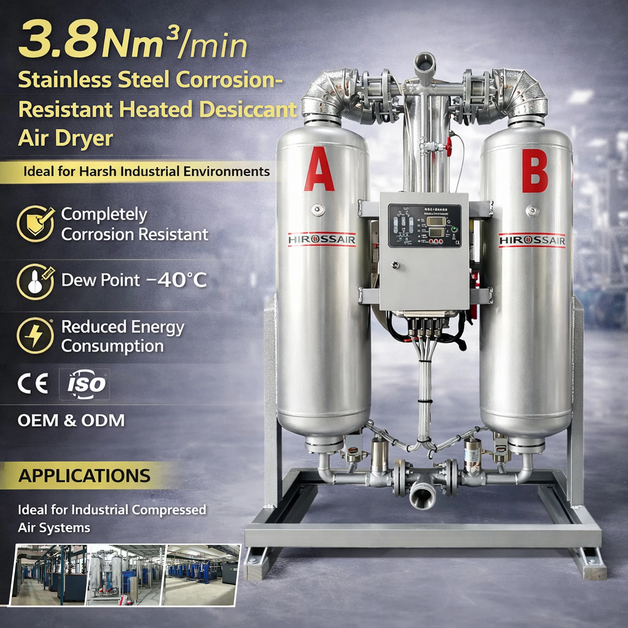 100-200CFM Stainless Steel Micro-Heat Desiccant Compressed Regeneration Dryer Activated Alumina Secador De Aire Comprimido
