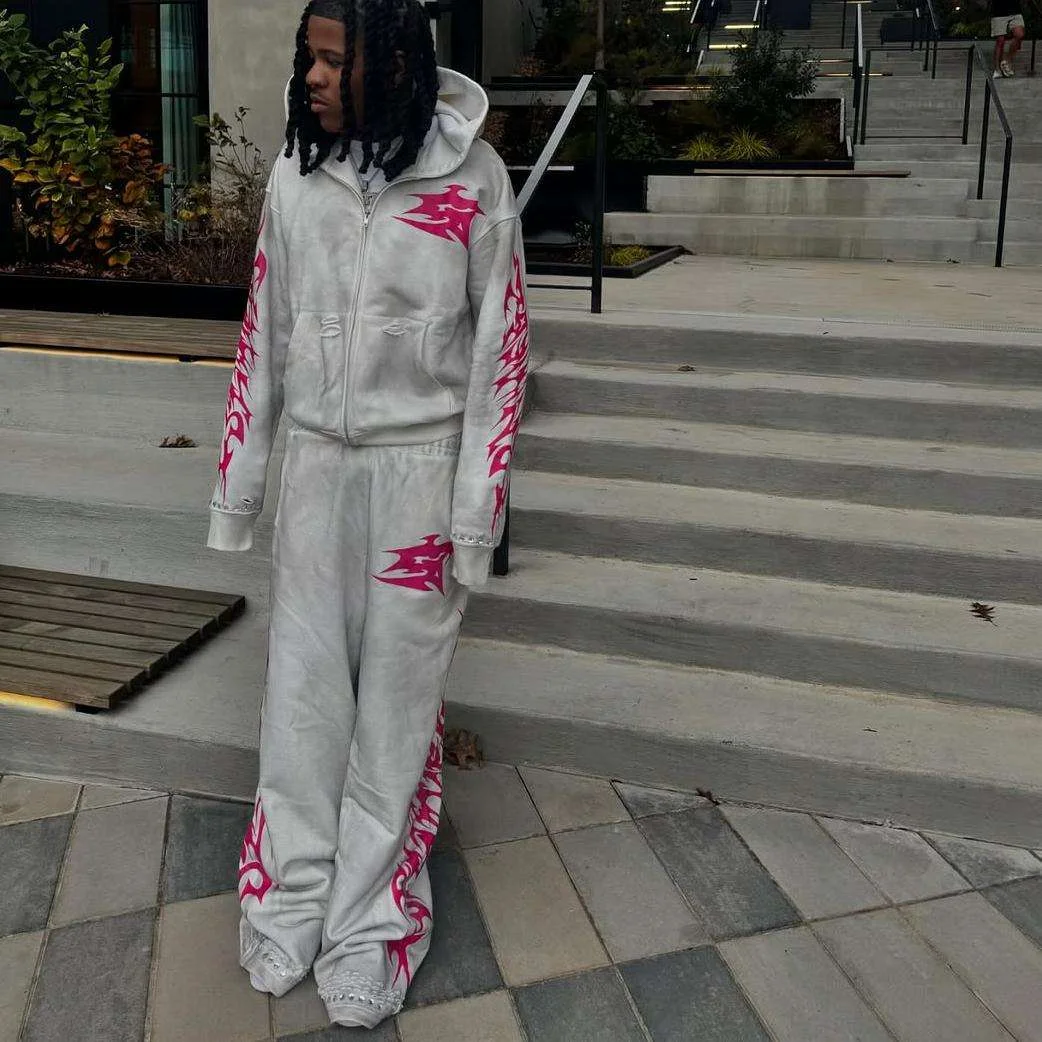 Custom Men Tracksuit Patch Embroidery Color Acid Washed Sweatpants Jogger Fit Vintage Baggy Fit Terry Men Fitness Hoodie Suit gallery 5