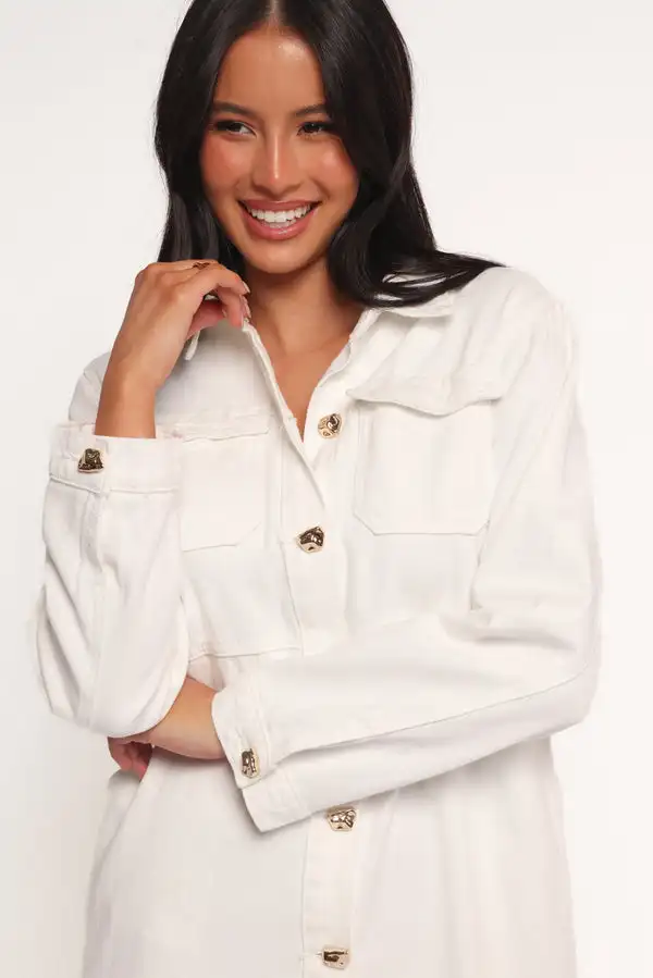 Women's Custom White Denim Dress Button up Long Sleeve Side Slit Mini Dress