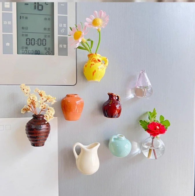 Mini Ceramic Vase Magnet Tiny Finger Flower Pot Dollhouse Micro Miniature Refrigerator Decor
