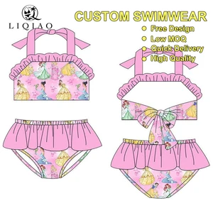 LIQIAO Custom Kids Princess Print Ruffled Swimwear Set Girls Bikini Bathing Suit Free Design Low MOQ