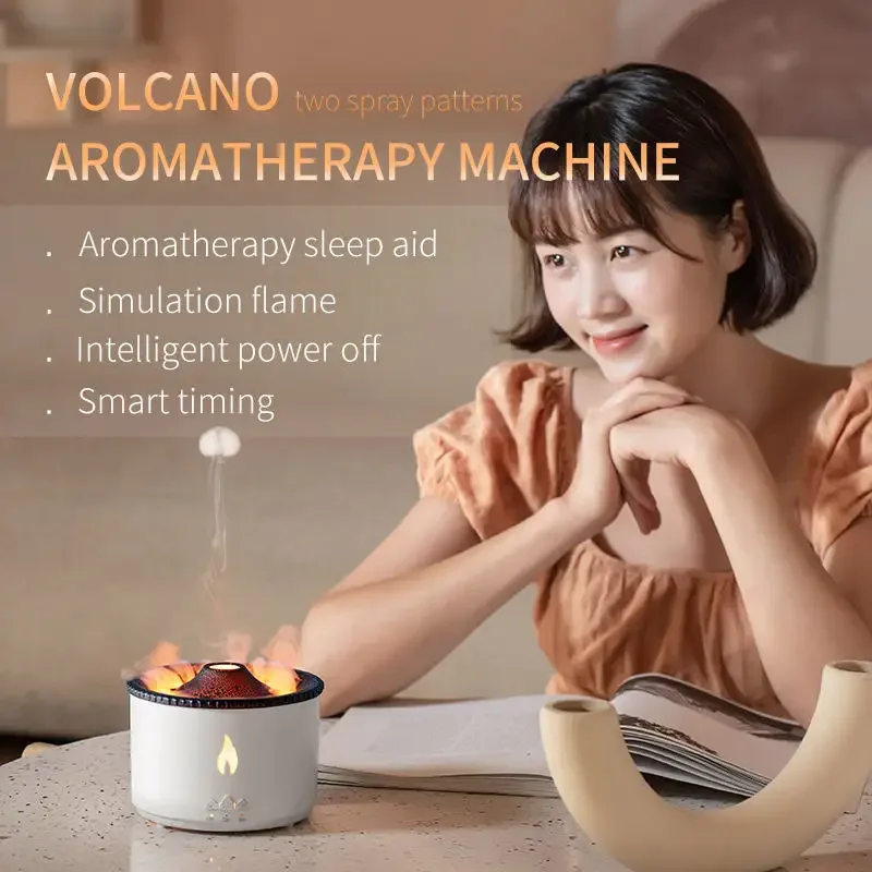 Simulation 3D Fire Flame Volcano Jellyfish Spray Aroma Essential Oil Diffuser Volcanic Humidifier with 2 Color for Home Office
