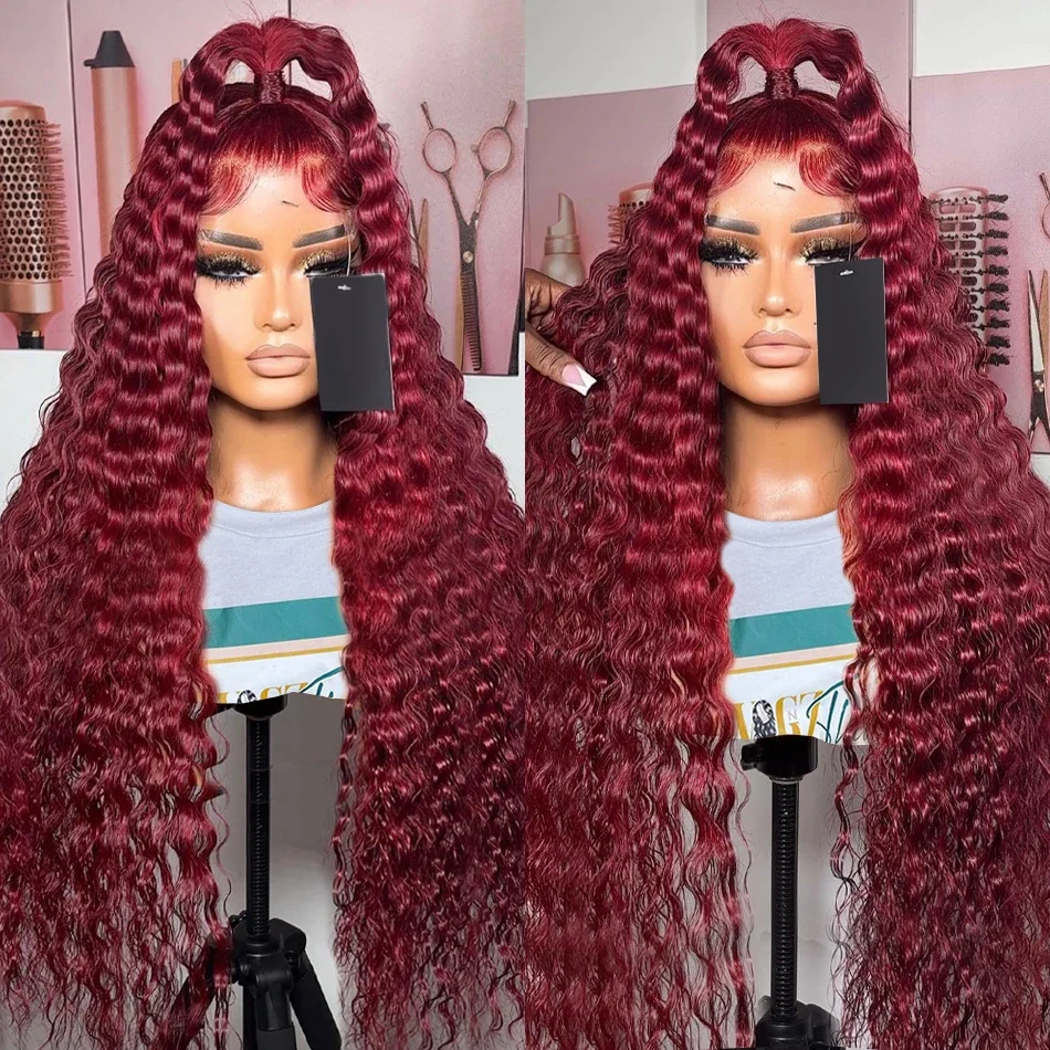 Wasserwelle 99J Burgunderrote Lace-Front-Perücke Transparente tiefe Welle 13x4 Lace-Frontal-Perücke Rot Lockige Farbige Echthaar-Perücken für Frauen_voghion.com