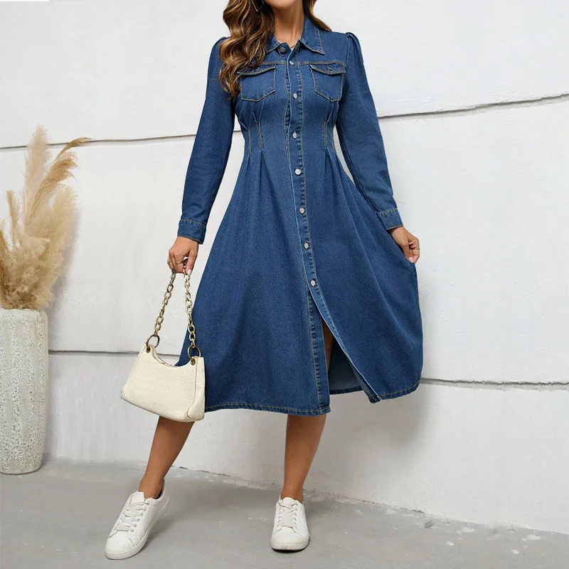 Y218655 Trendy Autumn Denim Dresses Women Casual Turn-down Collar Long  Sleeve Jeans Dresses Ladies Office Dress for Women