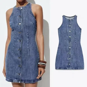 7092 fashion Women's Clothing casual dress Boutique O-neck Sleeveless Jeans Mini Dress Elegant Causal Denim Dresses