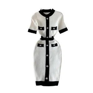 Summer Short Sleeve Slim Shape Sexy Office Inspired Sweater Knit Dress Nylon Solid Knit Dress