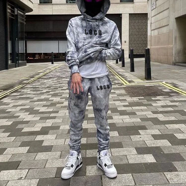 OEM Custom Tie Dye Streetwear Two Piece Set London Shooters Hoodie Sweat  Pant Two Piece Set Tracksuit Mens