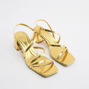 Black and Gold square Head French High Heels Women's New Casual Open Toe Thick Heels Fashion Sandals