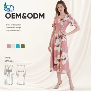 New Casual Dress Floral Print Dress V-neck Women's Short Sleeved Dress