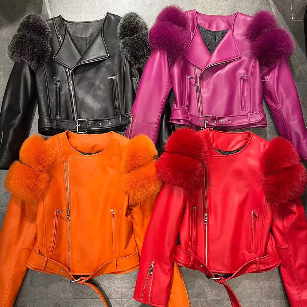 STRAWBERRY New Arrive Design Short Style Leather Fur Jacket Warm Fox Fur Coat for Women