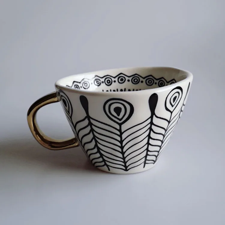 Triangular Shape Inside Pattern China Ceramic Coffee Mug with Gold Handle Y0230