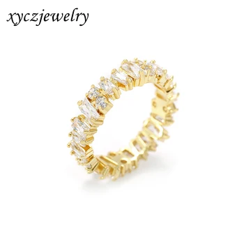 Hot Sale Fashion 18k Gold Plated Baguette CZ Ring Jewelry Women Claw Pave Wedding Rings