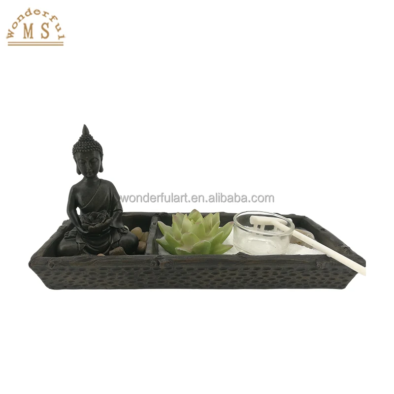 Resin zen buddha figurine sand garden box kit religious tealight holder with sand rock home decoration office desktop