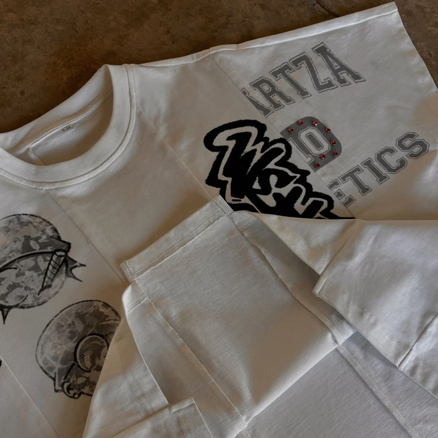 Salati Custom T-shirt Cotton Oversized Boxy Screen Printing Short Sleeve Uneven 2 Panel Tee Rhinestone Boxy Cropped T Shirt Men gallery 3