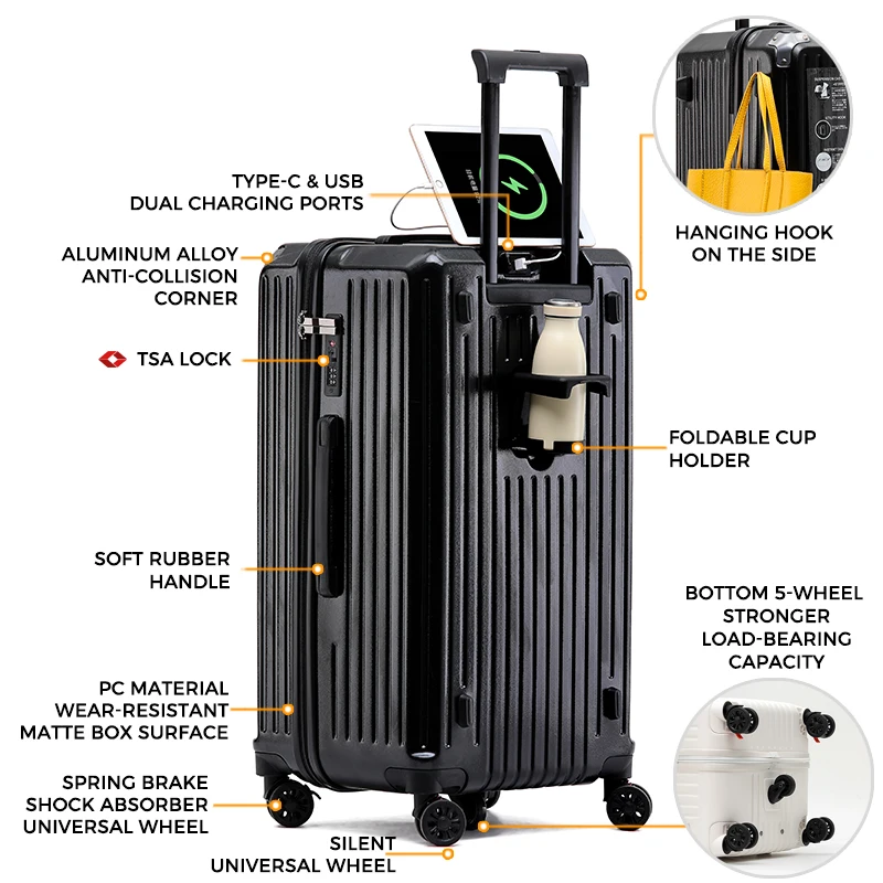 Large Capacity 32 Inch Front Open Suitcase Lightweight Durable TSA Password Lock Waterproof Zipper Luggage with USB Travel case