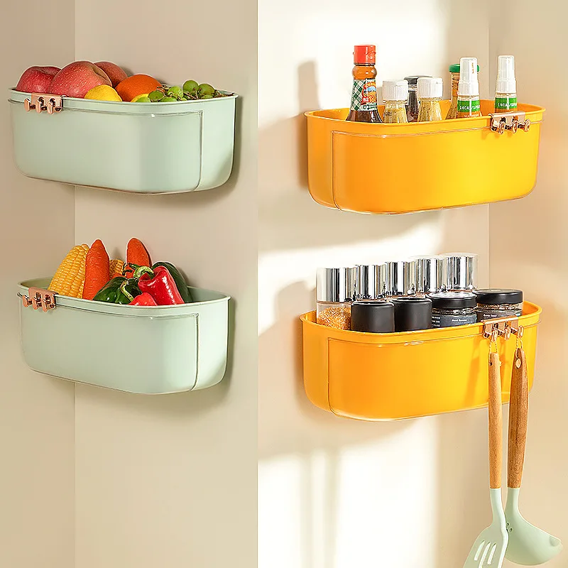 Panier de rangement mural suspendu sans poinçon, double panier de vidange de fruits et légumes, panier de rangement mural de cuisine en plastique