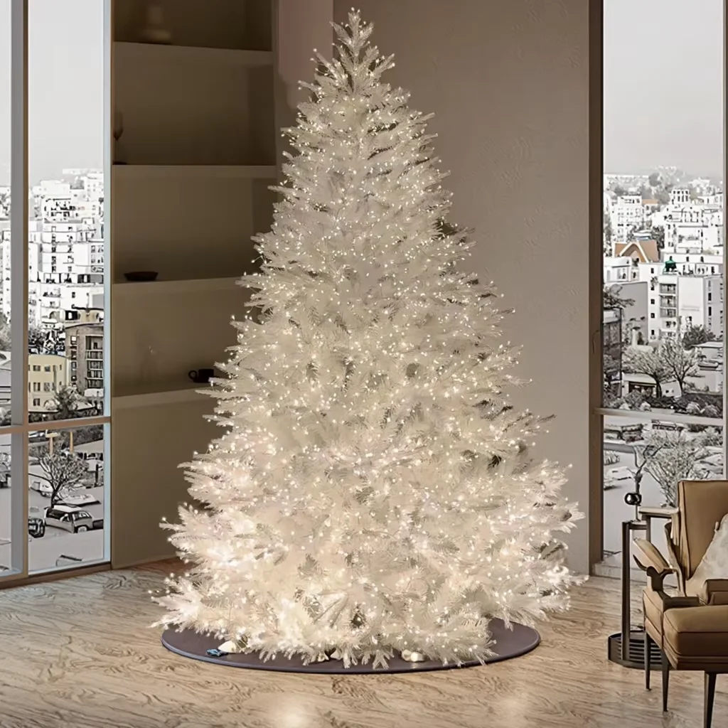 High Quality White PVC Artificial Christmas Tree 180 cm Custom Cold White LED Lights Standing Base for Decorations Wholesale