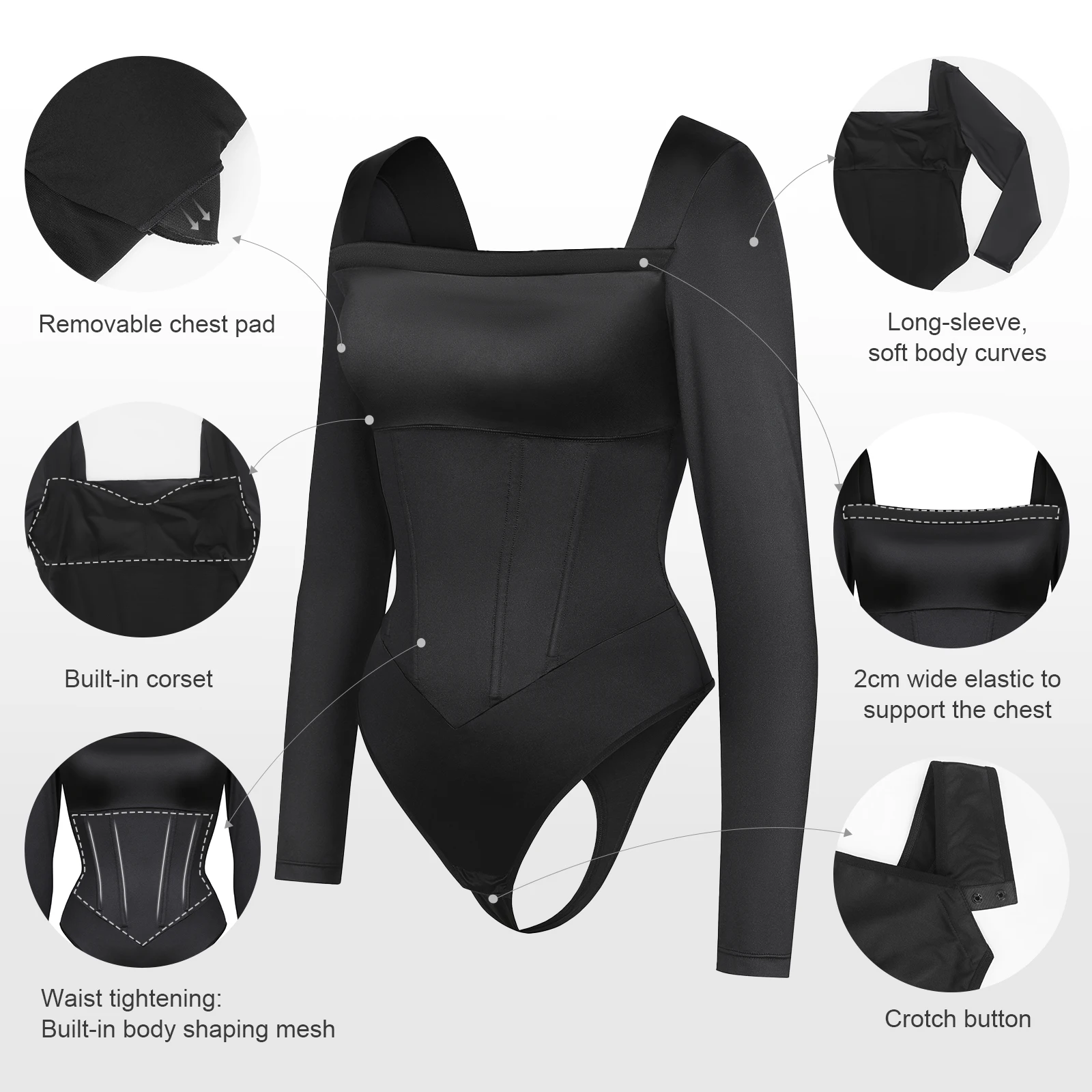 Wholesale Waist Tighten Removable Builtin Corset Bodysuit Black Square