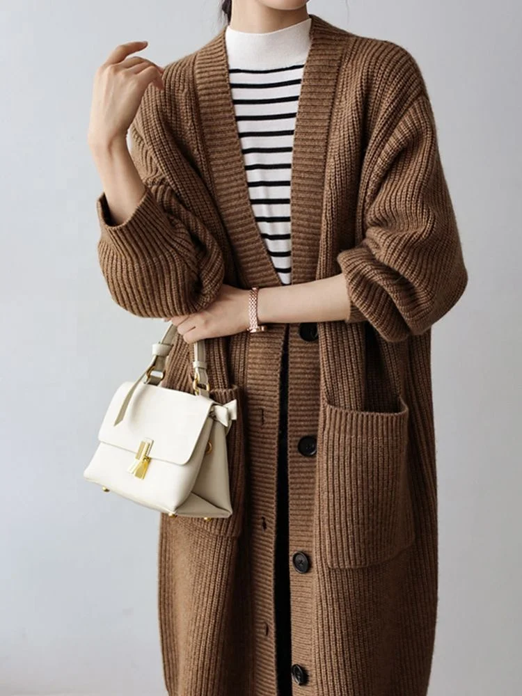 New Ladies Oversize Winter Sweaters Cardigans Single Breasted Long Woolen Coats Big Pockets Solid Knitted Cardigan for Women