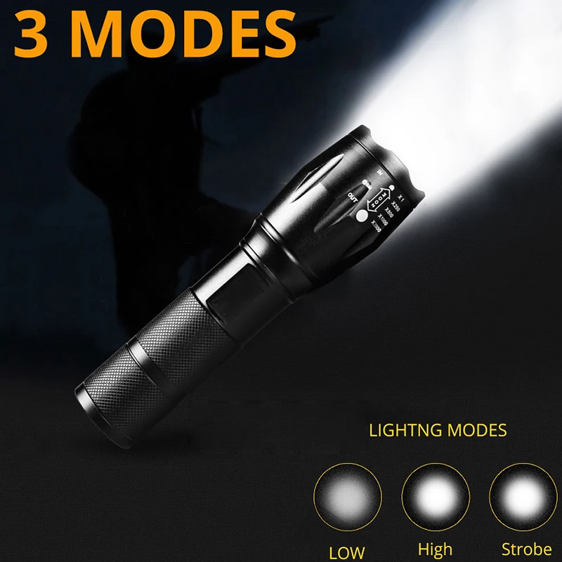 Waterproof Black Rechargeable Flashlight Torch 18650 Super Bright Zoom Powerful Torch Light Tactical led Flashlights 1000 Lumen manufacture