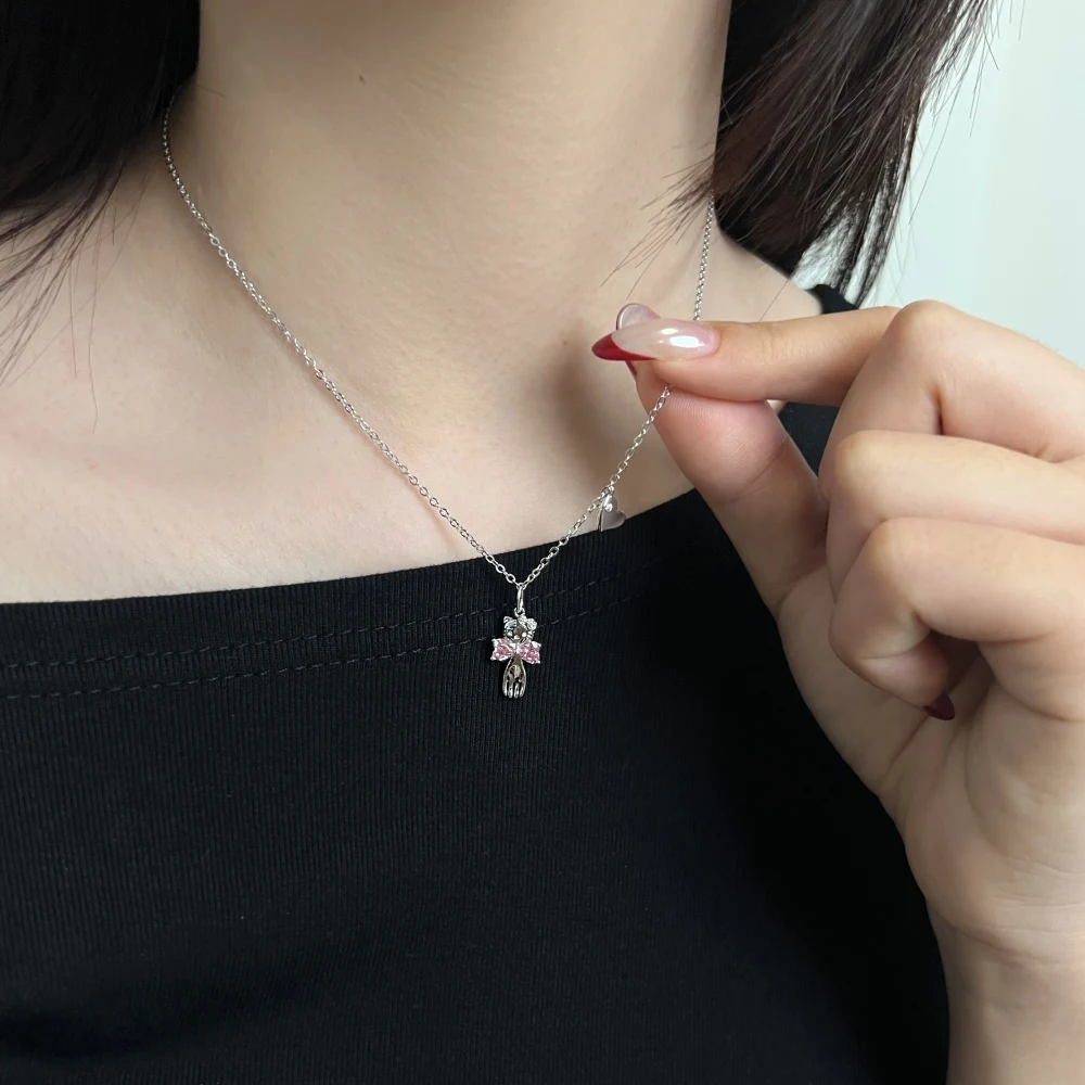 KAKODIY Small Cute Design Fashion Fine Jewelry 925 Sterling Silver Chain 5A Cubic Zirconia Bow Cat Pendant Necklace (For Women) detail 2