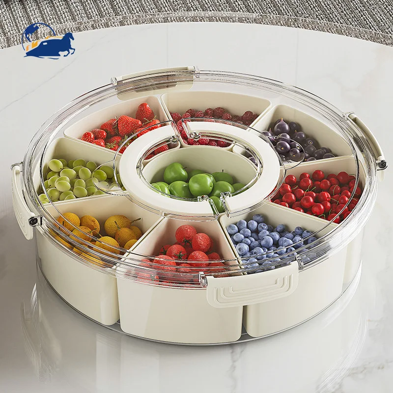Large Capacity Portable Transparent 6-Compartment Spice Storage Box with Lid and Handle Rotating Kitchen Fruit Tray