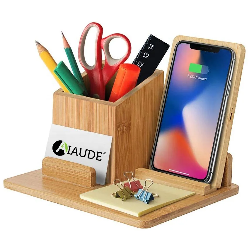 Bamboo Wood Wireless Charger 15W Fast Charging Desktop Pen Holder Organizer  Wireless Charger Stand for iPhone 12/13