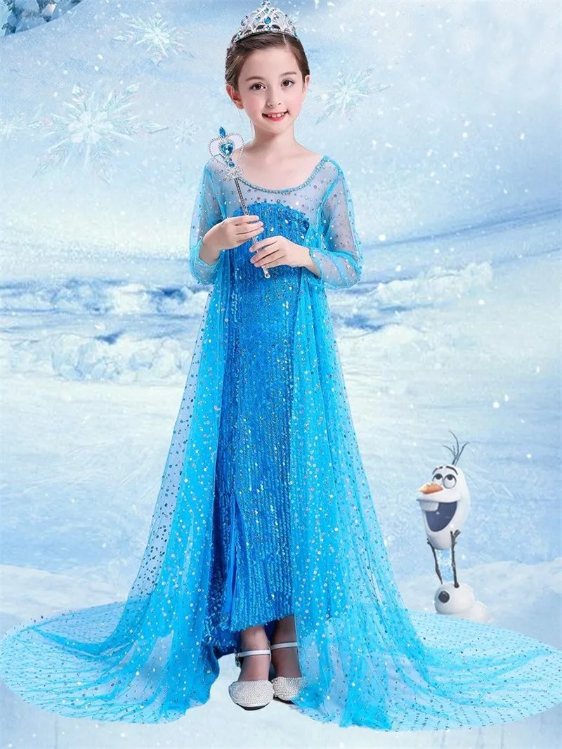 Princess Elsa Floor-Length Sequin Dress with Shawl for Girls Cosplay  Costumes for Children